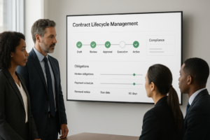 Business team reviewing contract management dashboard with compliance metrics and automated workflow notifications