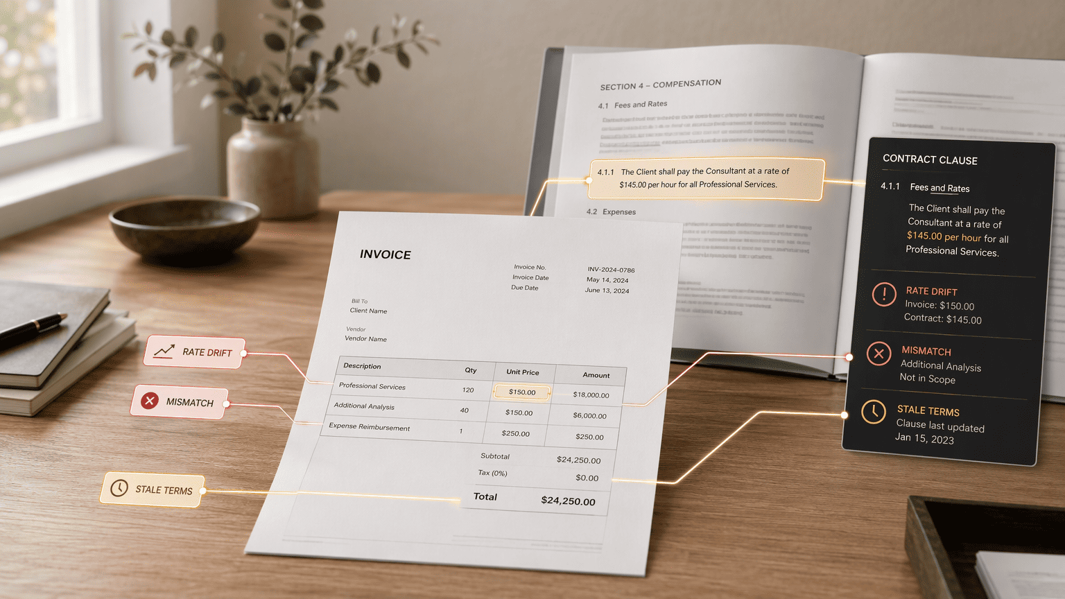 Illustration for 3. SimpliContract RateIQ, Continuous Invoice-to-Contract Compliance Checking Against Precise Clause Language