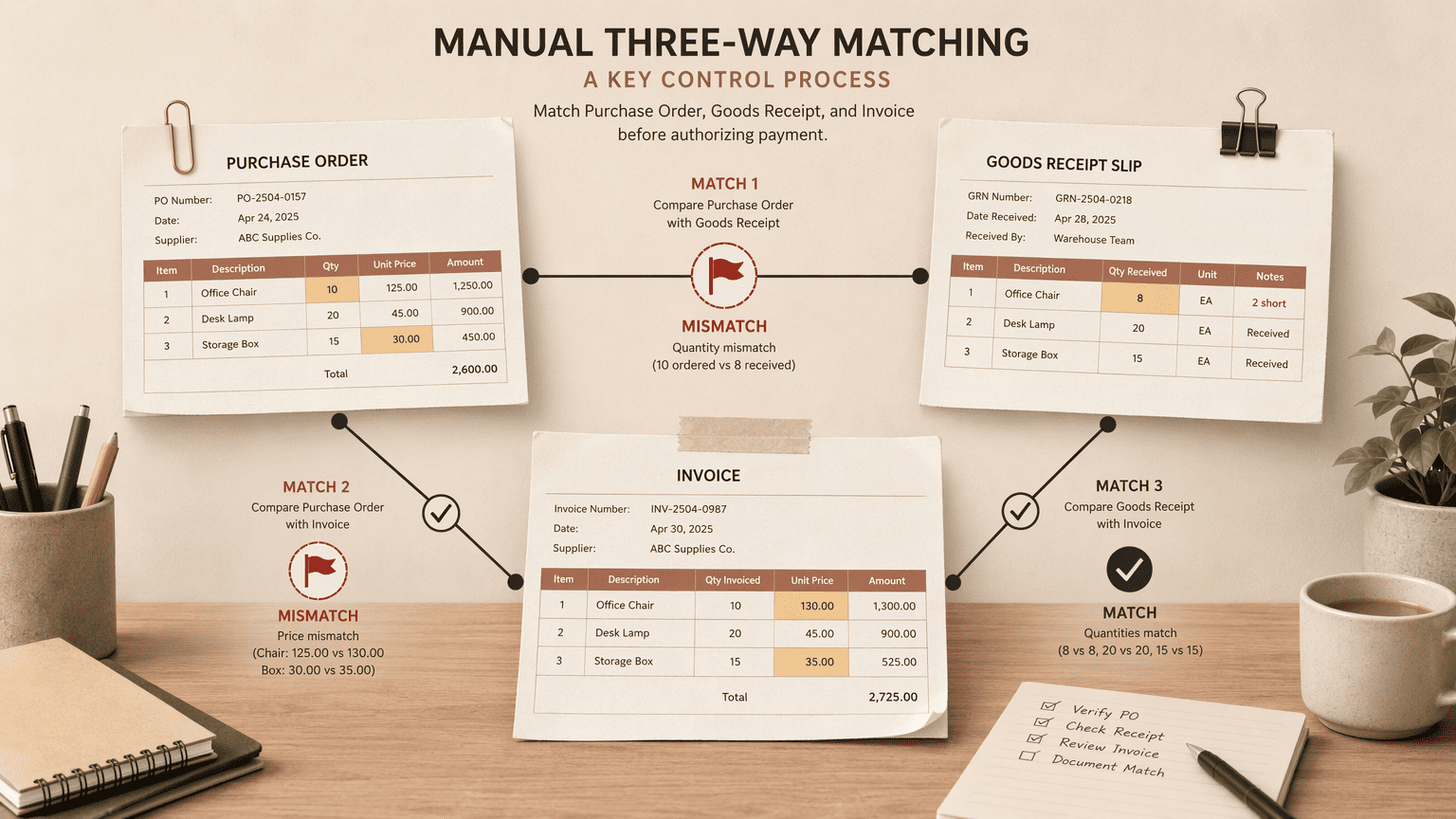 Illustration for Step 3: Implement manual three-way matching as a foundational control