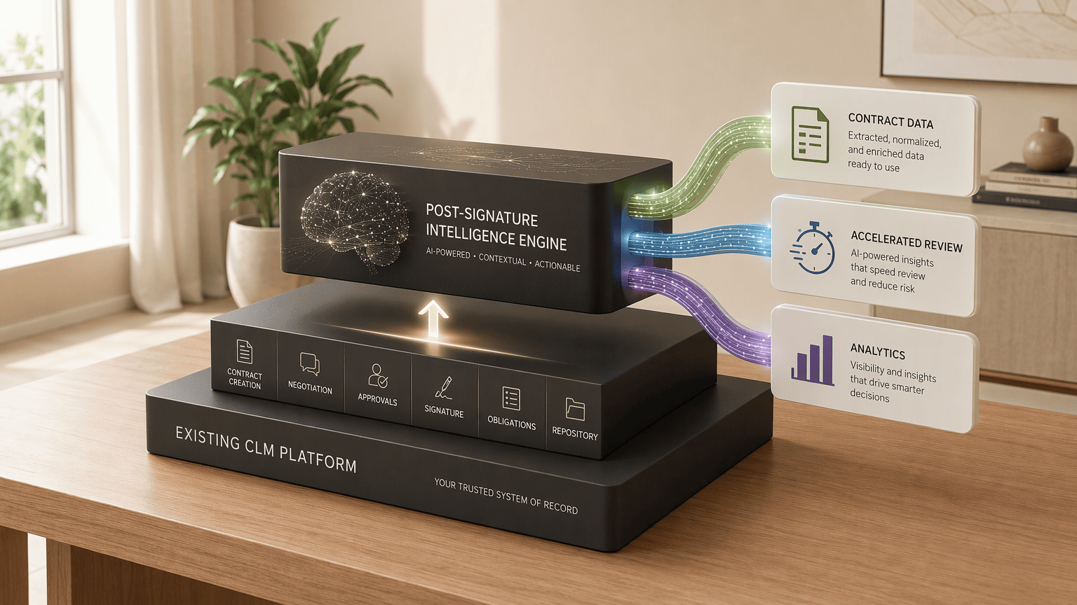 Illustration for 1. Contracts.ai, The Post-Signature Intelligence Layer Built to Deliver 90% Review-Time Reduction Without Replacing Your CLM