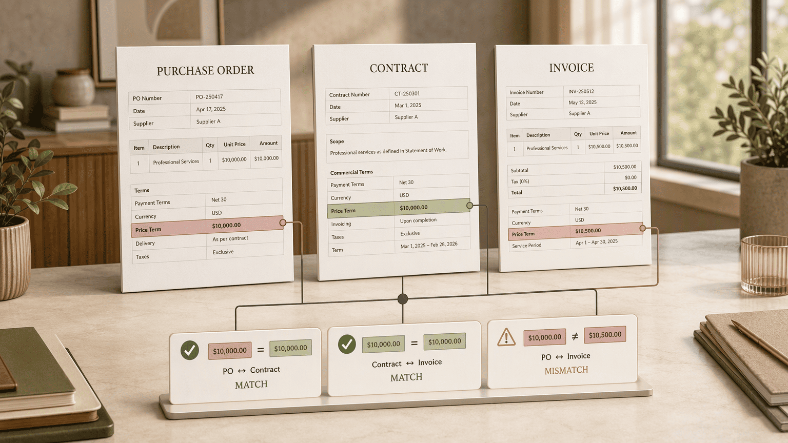 Illustration for 3. Evisort: Deep OCR and NLP for clause-level extraction and three-way PO-invoice-contract matching