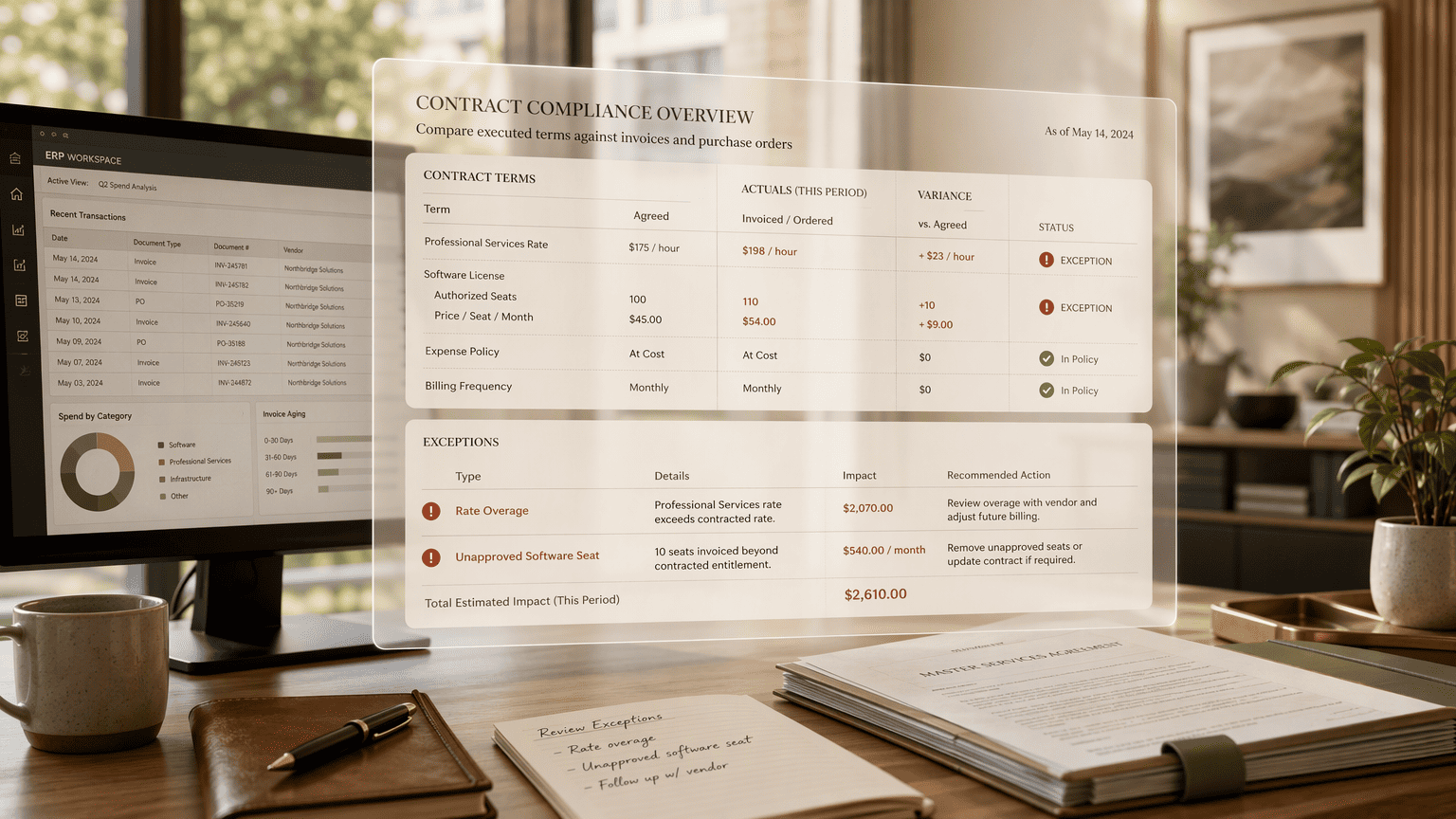 Illustration for 1. Contracts.ai, The post-signature intelligence layer that overlays your current ERP, catching unauthorized spend without a rip-and-replace migration